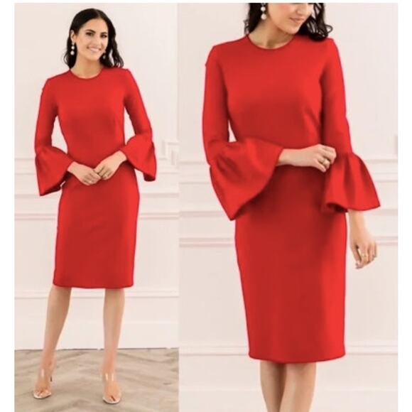 Rachel Parcell Red 3/4 Bell Sleeve Back Zip Knee Length Sheath Dress Size XXS - Picture 1 of 6